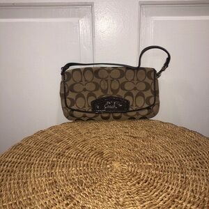 Coach Brown Signature Canvas Wristlet with Dark Brown Trim